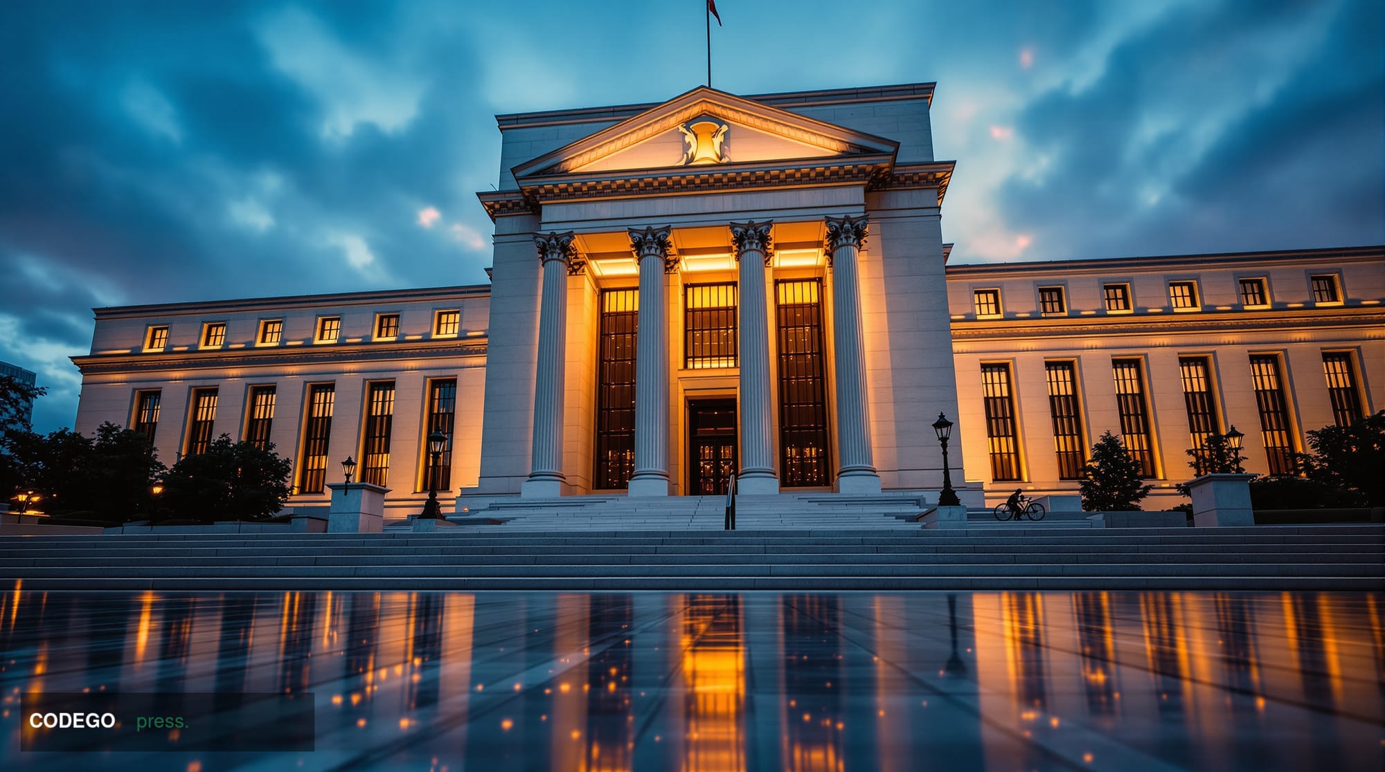 A cinematic editorial photograph of the imposing Federal Reserve Building in Washington DC at golden hour, with dramatic chia
