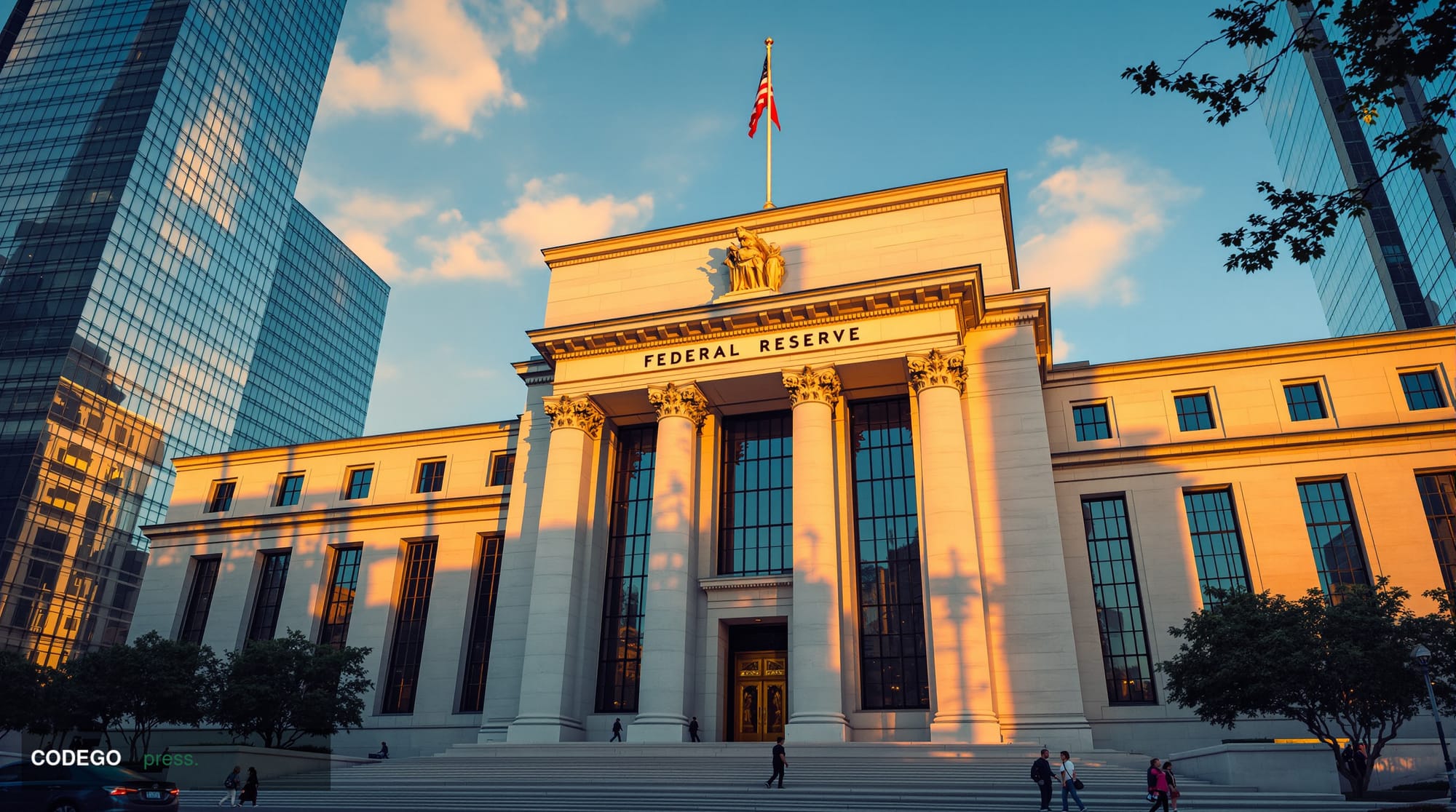 A cinematic editorial photograph capturing the imposing neoclassical facade of the Federal Reserve headquarters in Washington