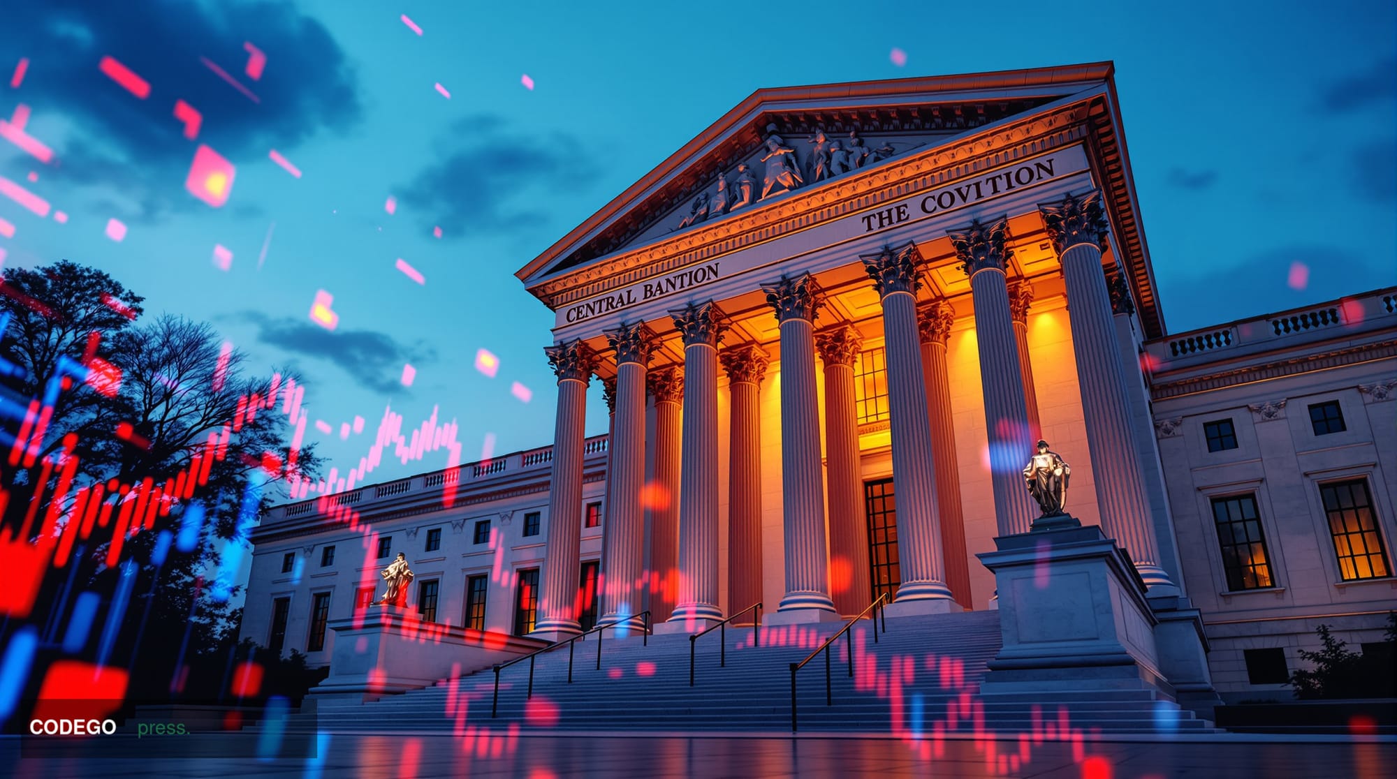A dramatic photorealistic editorial photograph of the Federal Reserve Building's iconic neoclassical facade in Washington D.C