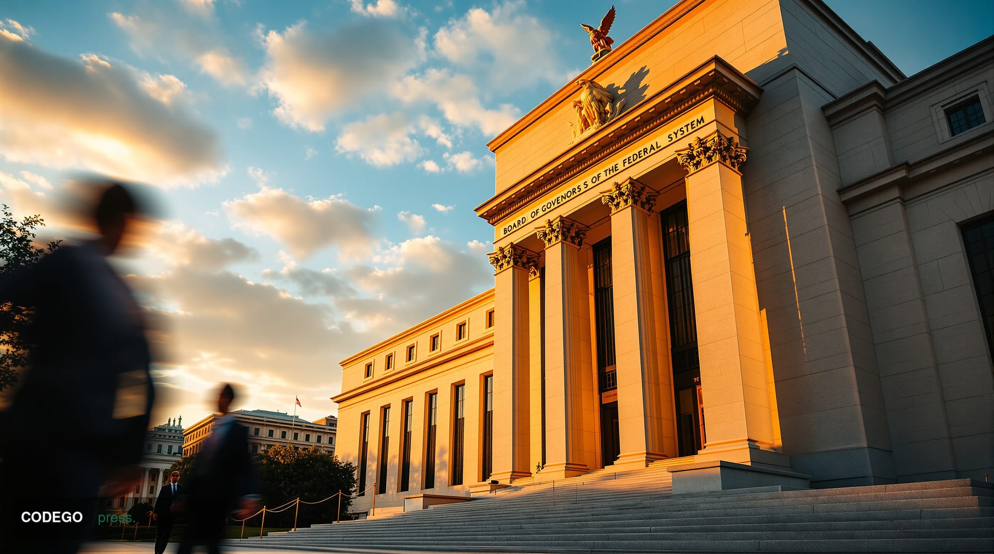 A dramatic editorial photograph of the imposing Federal Reserve building in Washington DC at golden hour, with warm amber sun