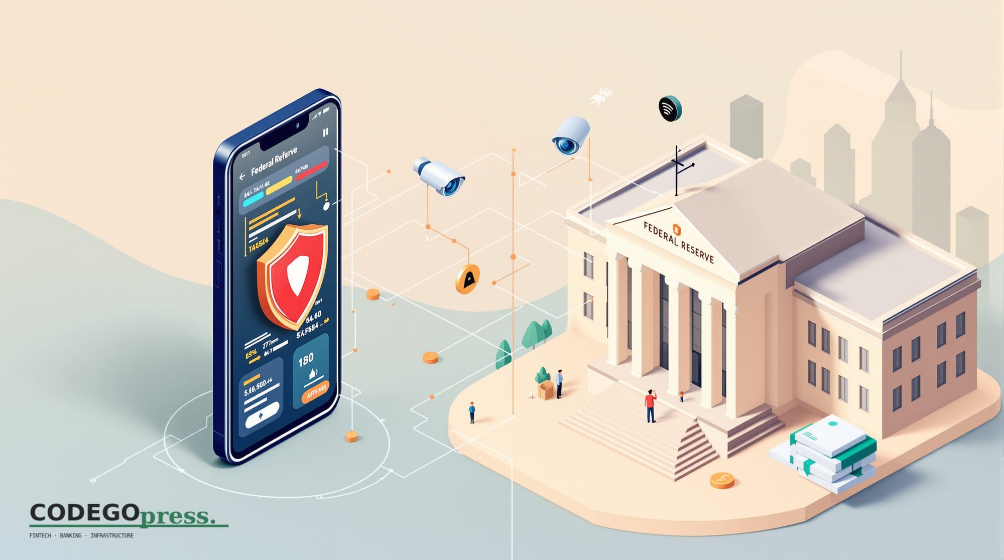 flat 3D isometric vector editorial illustration, banking-green primary (#1A6B43), cream background, gold and navy accents, so