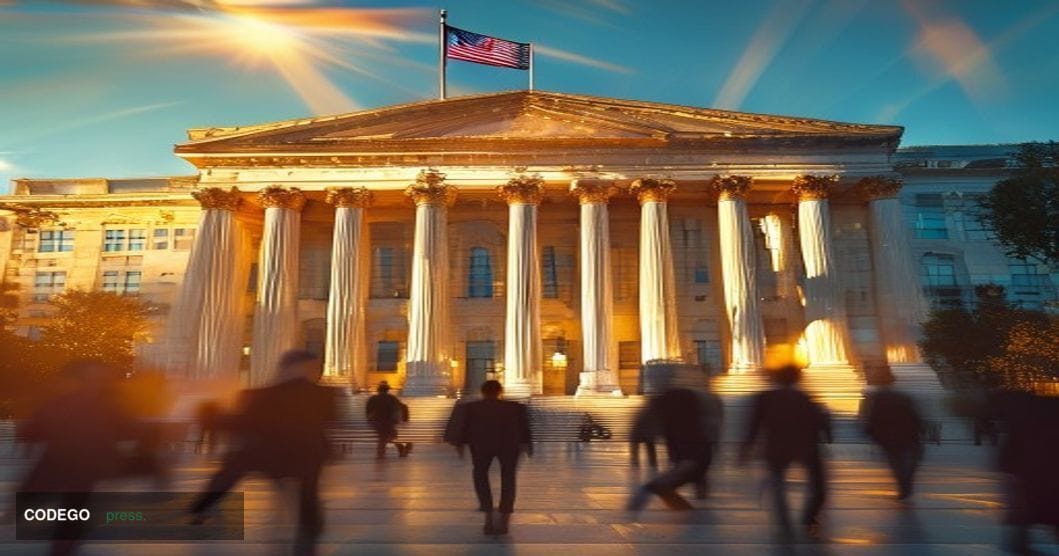 A dramatic establishing shot of the Federal Reserve Board building in Washington D.C., captured during golden hour with warm 