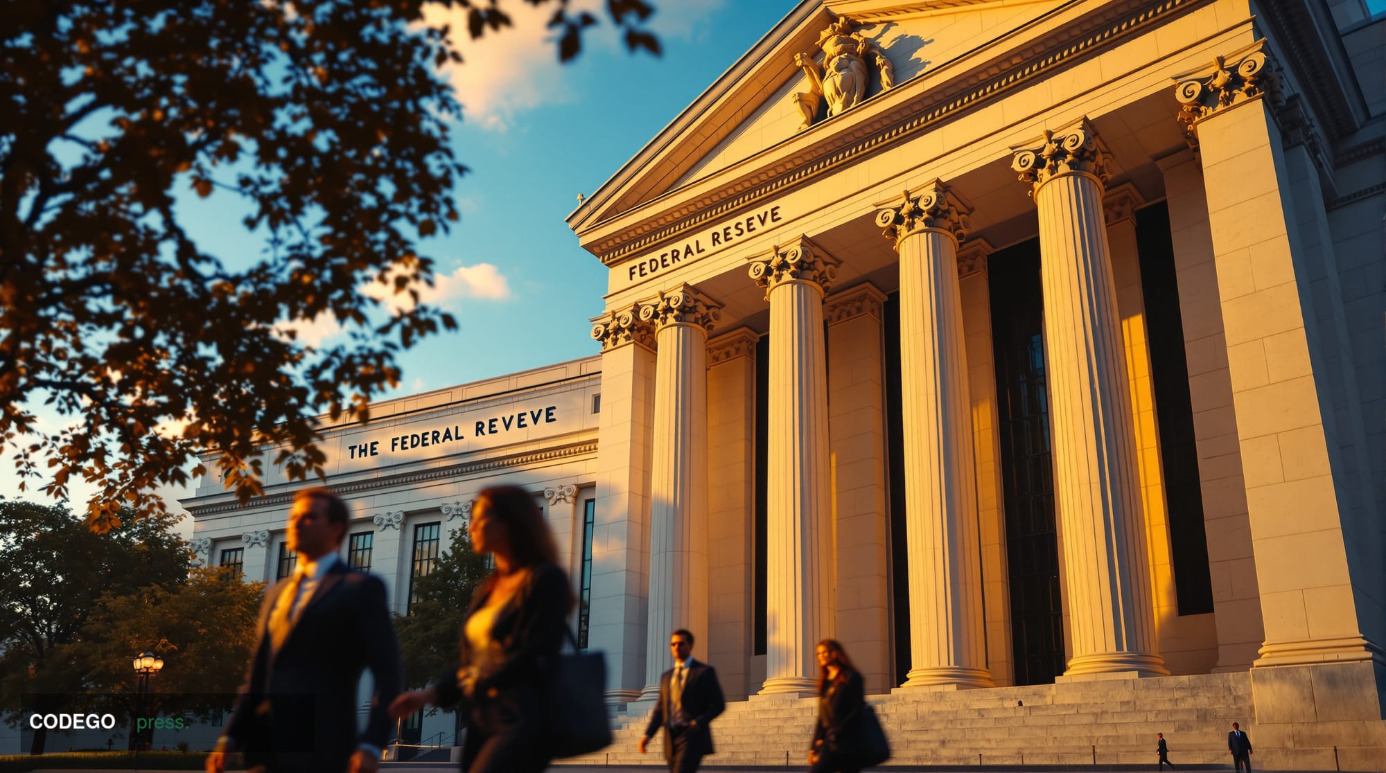 A cinematic editorial photograph of the Federal Reserve's imposing neoclassical headquarters building in Washington DC, shot 