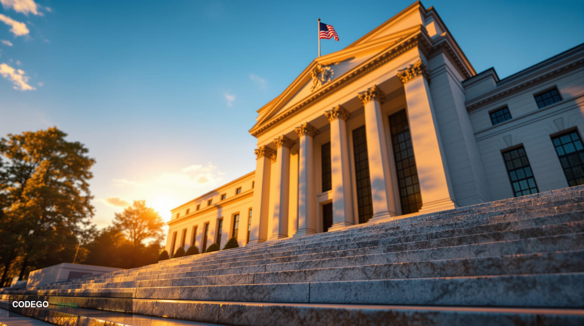A dramatic photorealistic editorial photograph of the Federal Reserve building's iconic neoclassical facade in Washington D.C