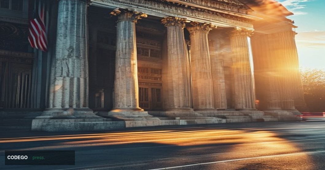 A cinematic editorial photograph of the Federal Reserve Building's iconic neoclassical facade in Washington D.C., captured du