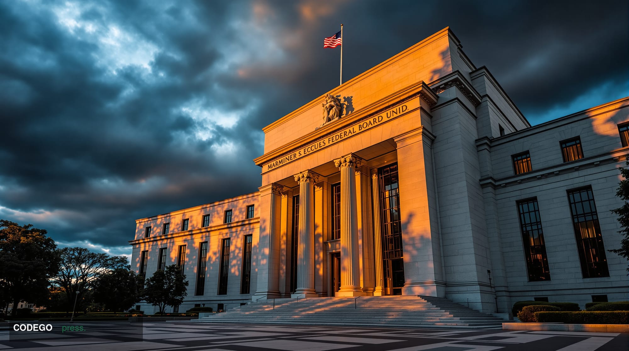 A dramatic editorial photograph of the imposing Federal Reserve Building in Washington D.C., captured from a low angle to emp