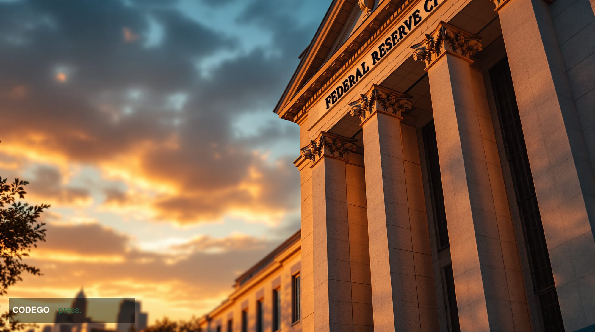 A photorealistic editorial photograph of the Federal Reserve building's iconic neoclassical facade in Washington DC, captured