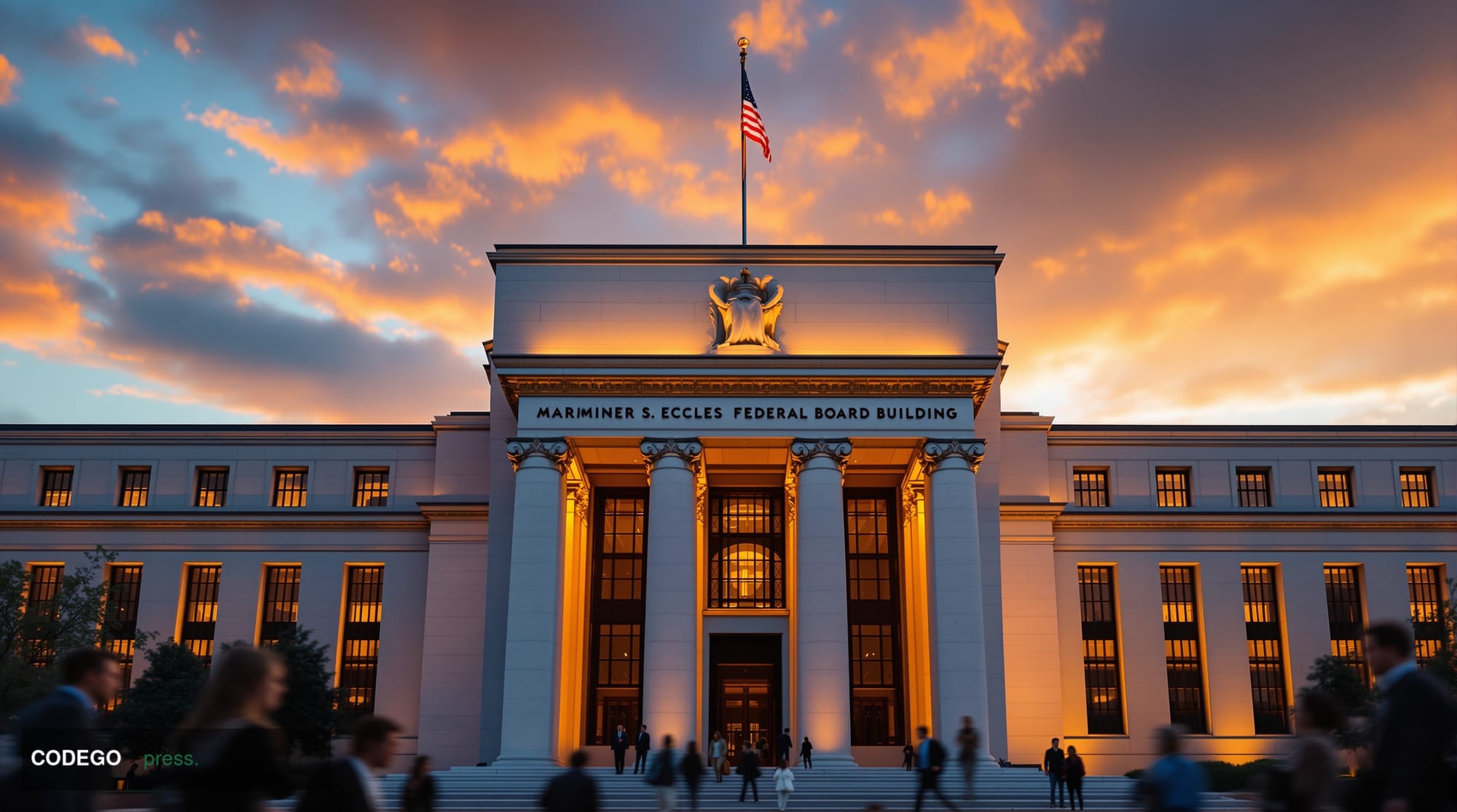 A cinematic editorial photograph of the Federal Reserve building in Washington D.C., specifically the iconic Marriner S. Eccl
