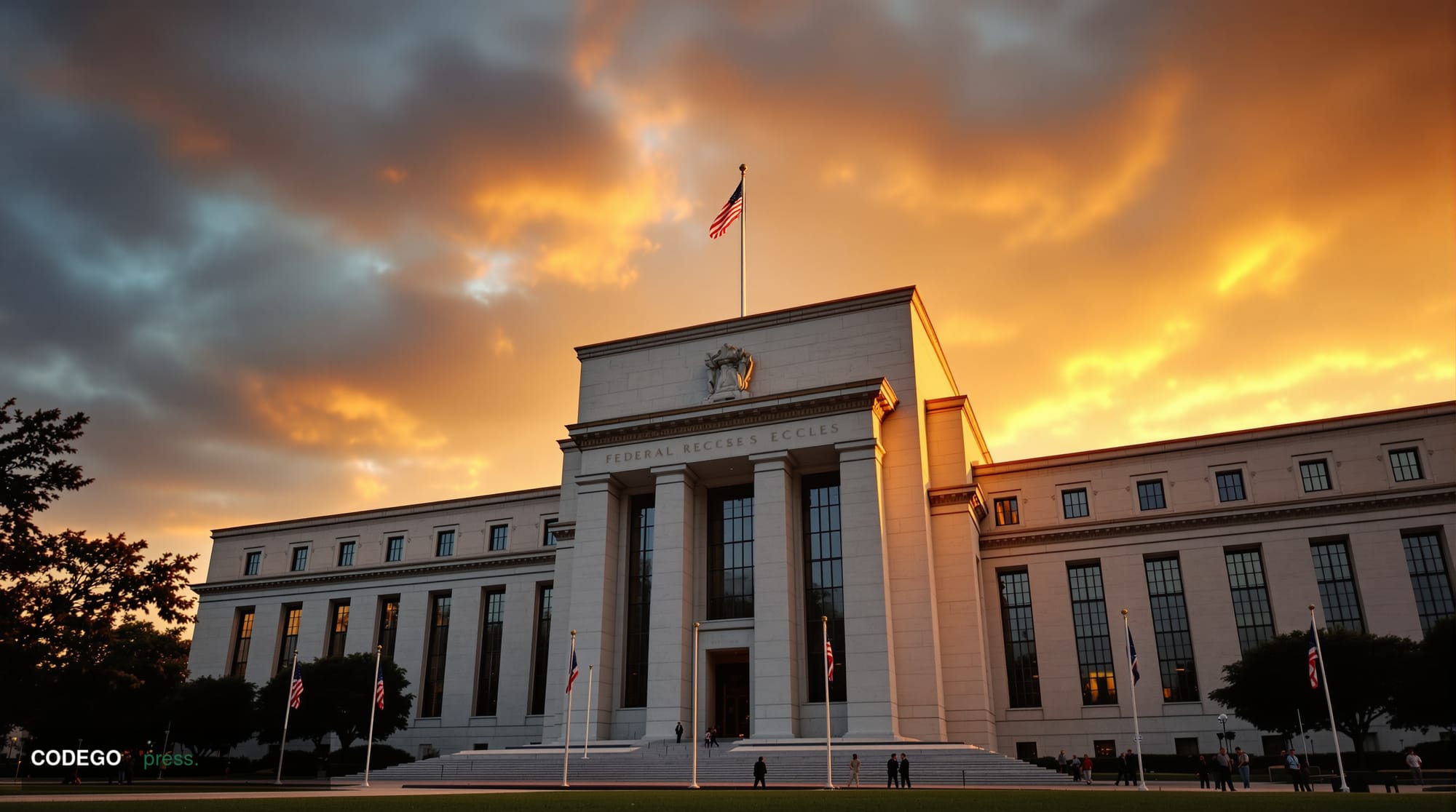 A cinematic editorial photograph of the Federal Reserve's imposing Marriner S. Eccles Building in Washington D.C., captured d
