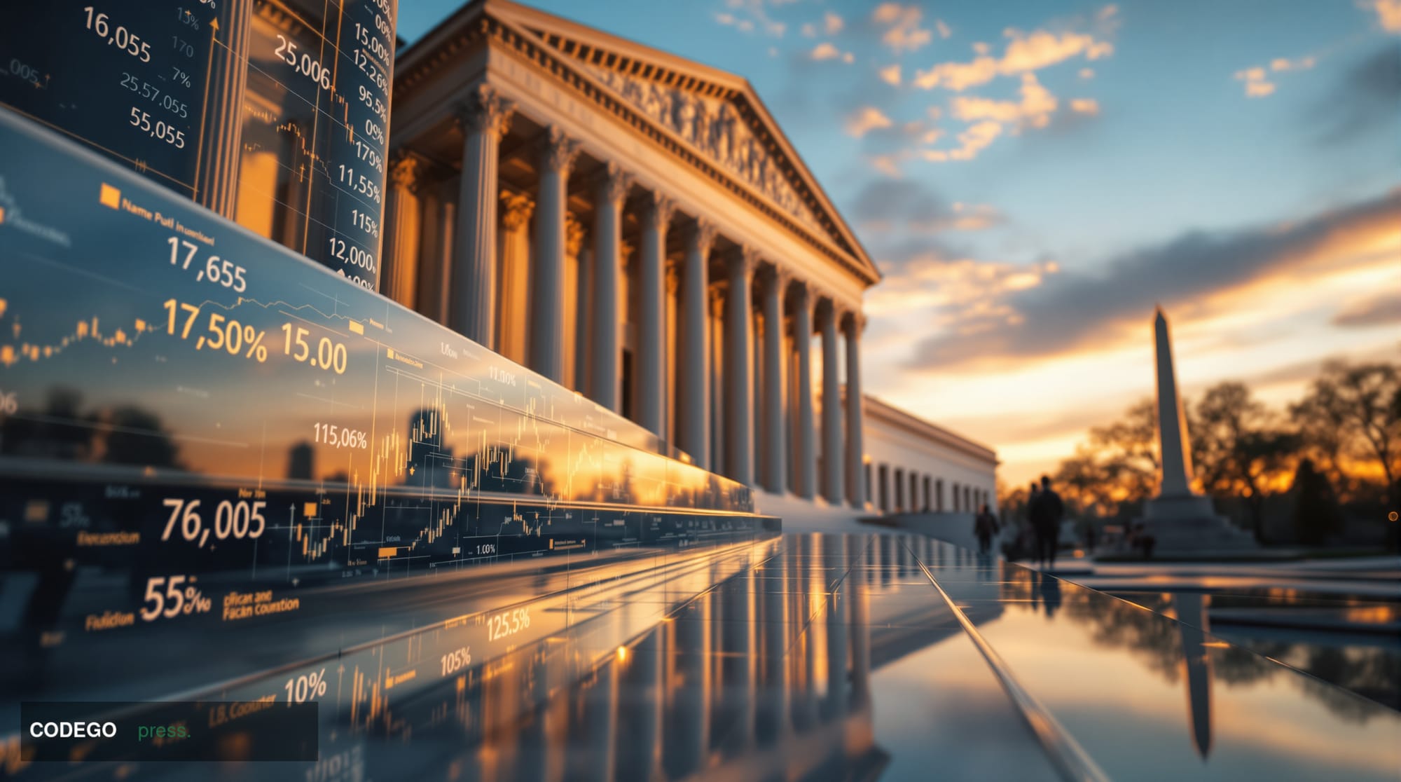 A cinematic editorial photograph of the Federal Reserve building in Washington D.C., captured during golden hour with dramati