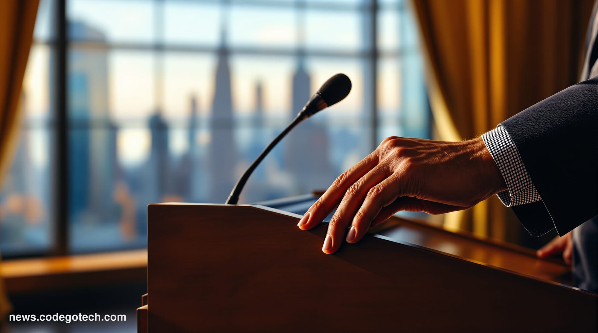 # Image Prompt: Federal Reserve Policy Decision

A close-up of a Federal Reserve official seated at a polished wooden desk in