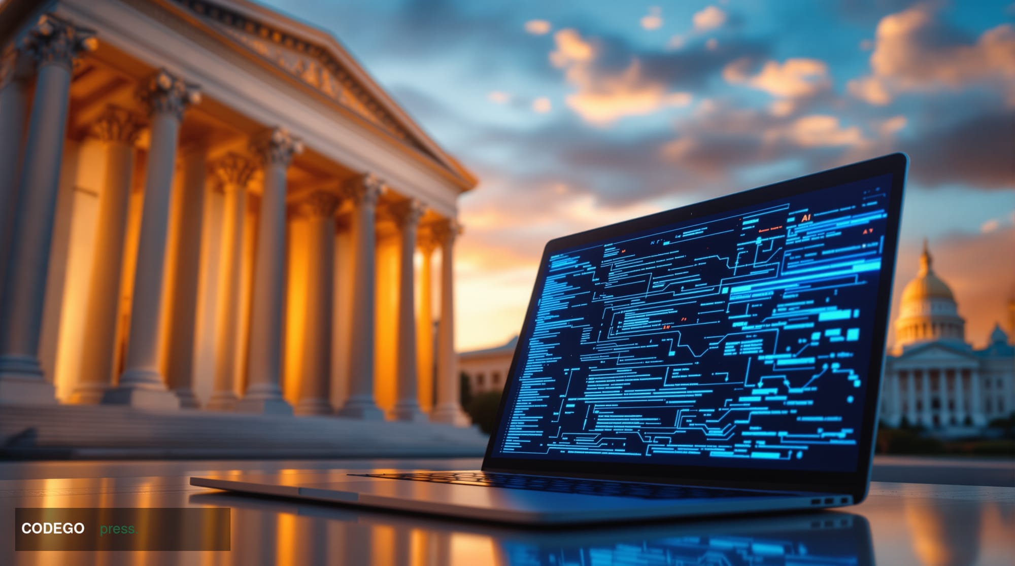 A cinematic editorial photograph showcasing the intersection of federal government and cutting-edge AI technology. The scene 