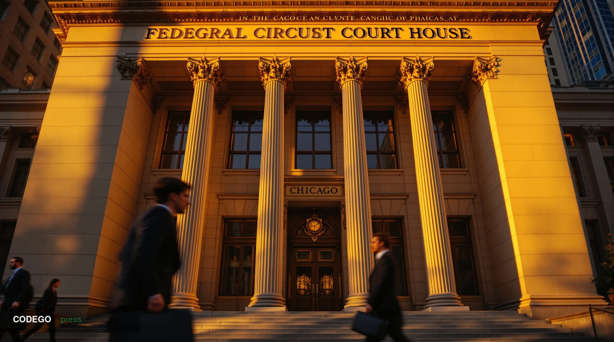 A cinematic editorial photograph of the imposing federal courthouse building in Chicago where the Seventh Circuit Court of Ap
