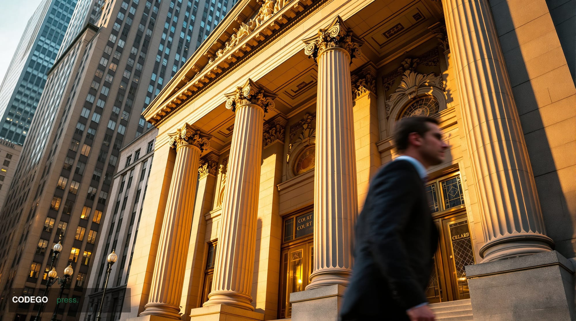 Photorealistic editorial photograph of the imposing neoclassical facade of the Daniel Patrick Moynihan United States Courthou