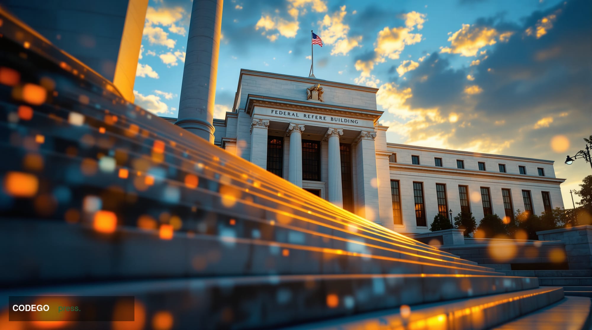 A dramatic editorial photograph of the Federal Reserve building's iconic neoclassical facade in Washington D.C., captured dur