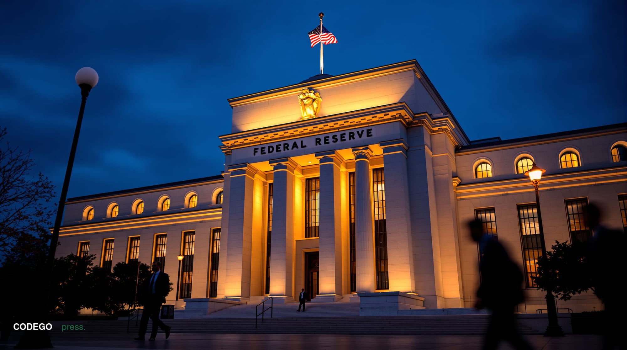 A photorealistic editorial photograph of the Federal Reserve building's iconic neoclassical facade in Washington D.C., captur