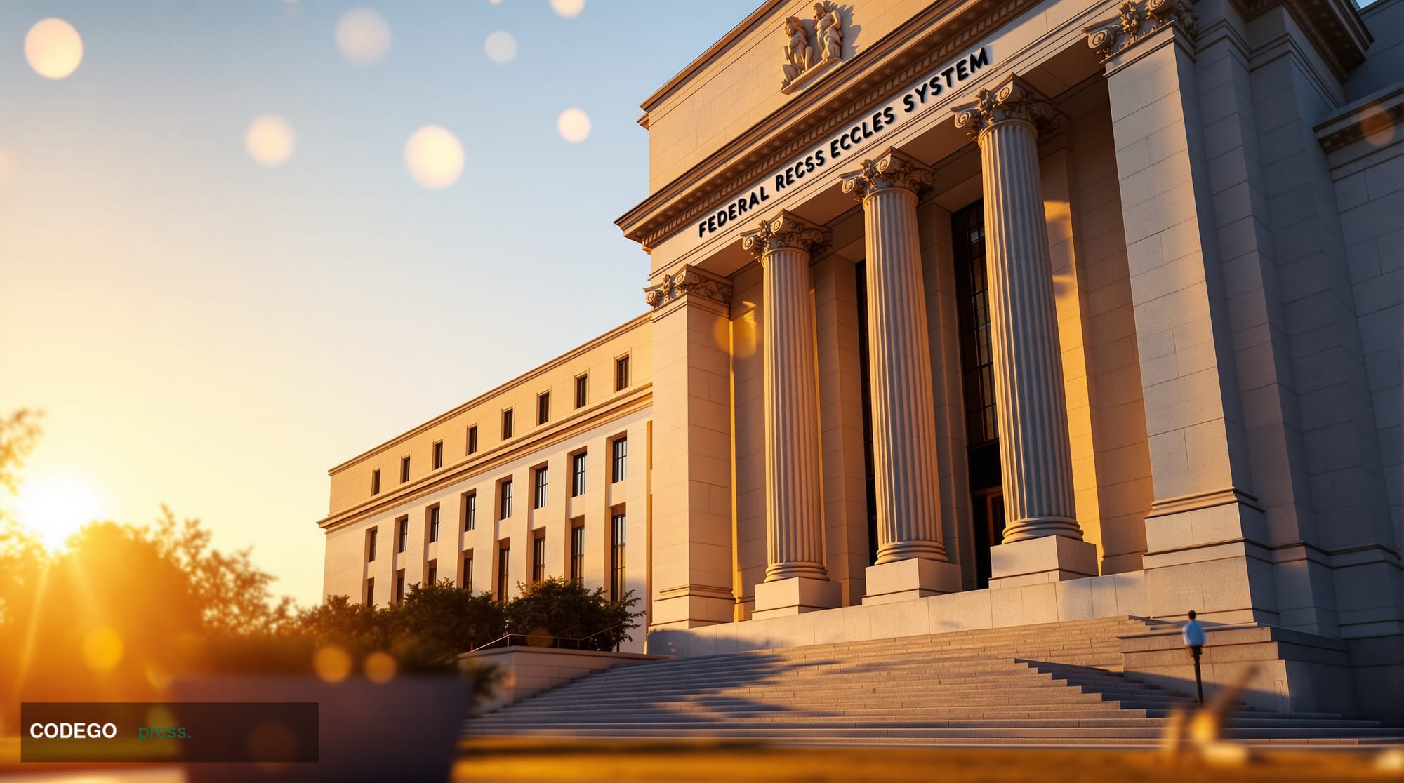 A photorealistic editorial photograph of the Federal Reserve's imposing Marriner S. Eccles Building in Washington D.C., captu