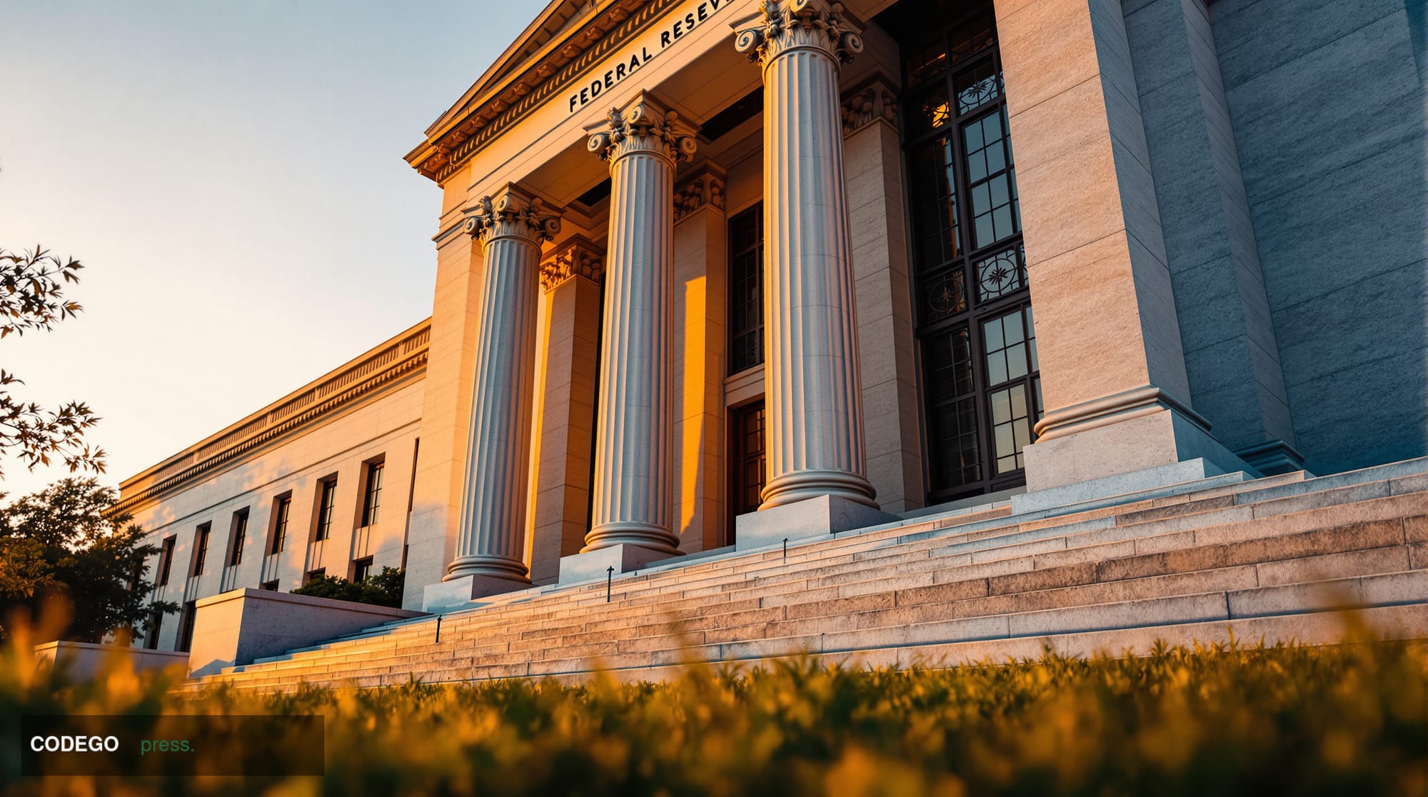 A cinematic editorial photograph of the Federal Reserve building's iconic neoclassical facade in Washington DC during golden 