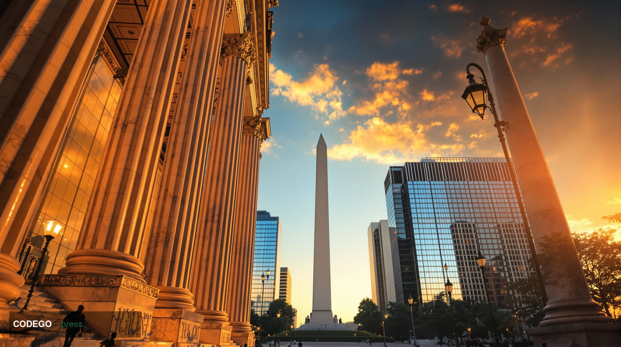 A photorealistic editorial photograph of the Federal Reserve building in Washington D.C. at golden hour, with the imposing ne