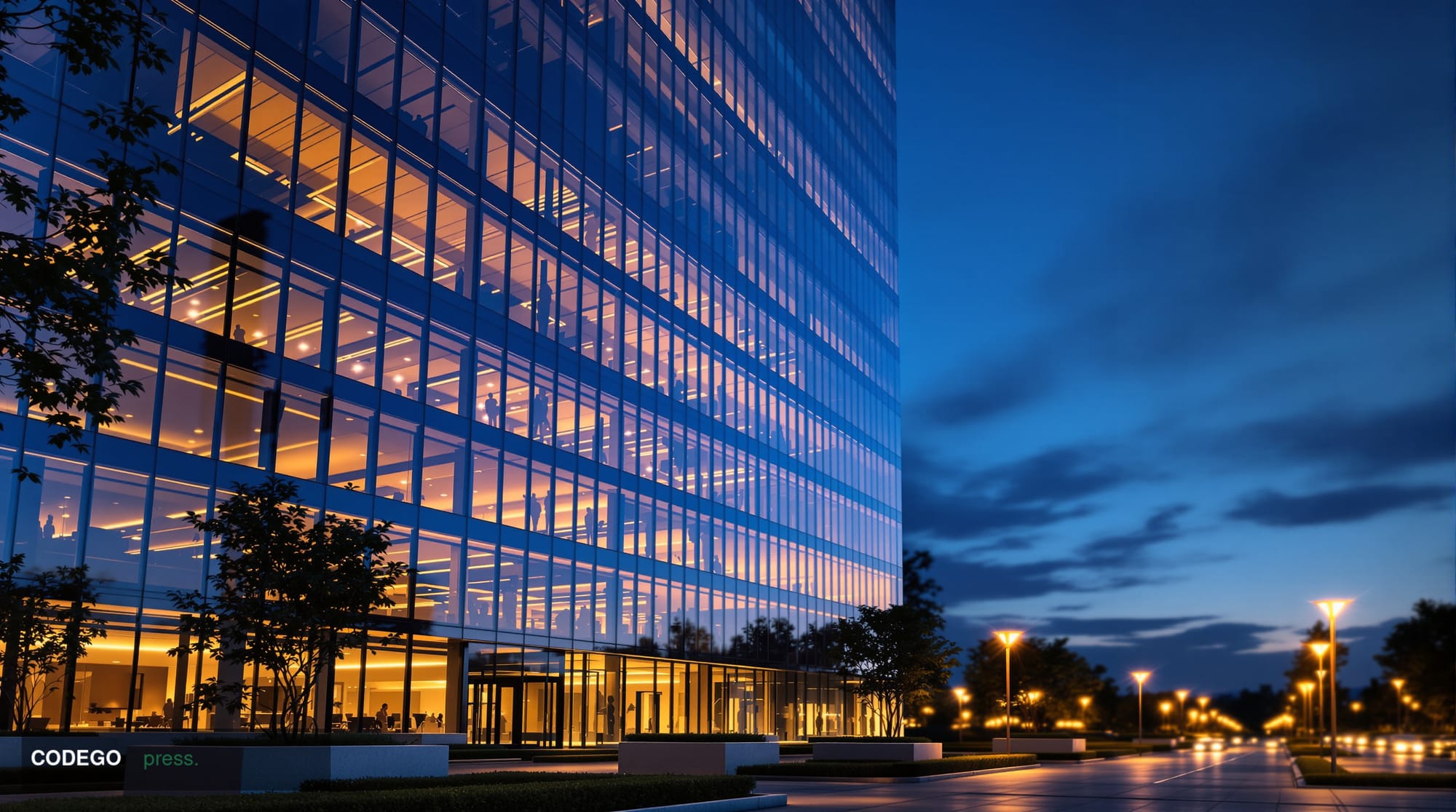 A dramatic photorealistic editorial photograph showing the imposing glass and steel facade of a major Silicon Valley law firm