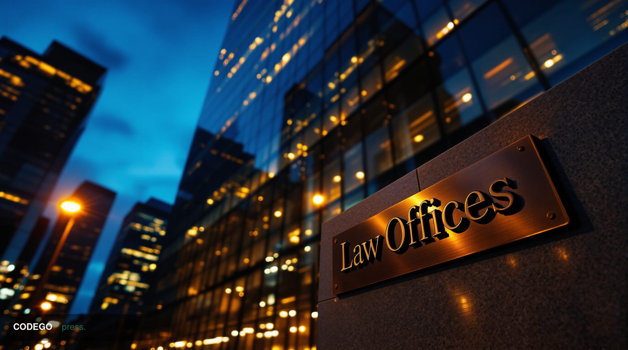 A cinematic editorial photograph showcasing the imposing glass facade of a major law firm's corporate headquarters at dusk, w