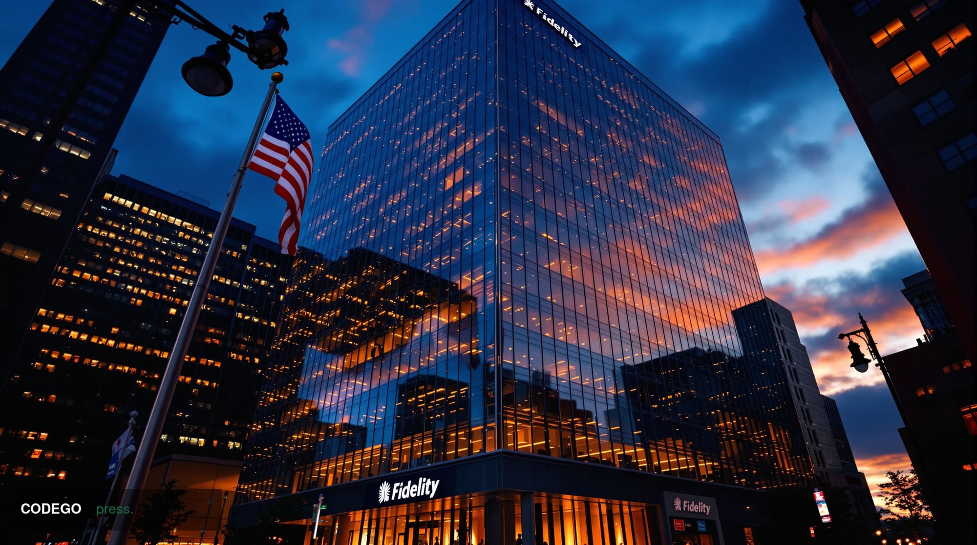 A cinematic editorial photograph showing the imposing Fidelity Investments headquarters building in Boston's Financial Distri