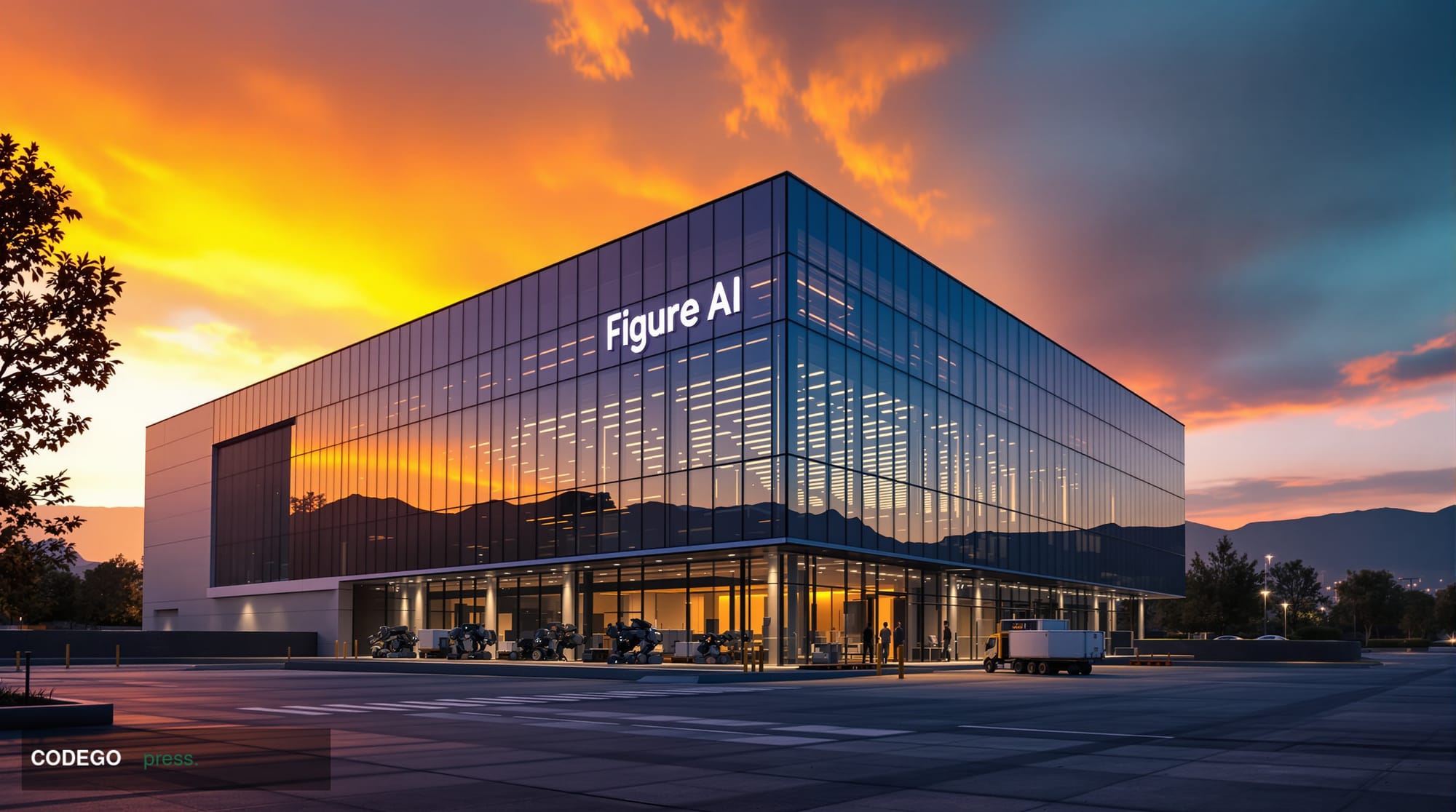 A photorealistic editorial photograph of Figure AI's sleek modern corporate headquarters in Sunnyvale, California, captured d