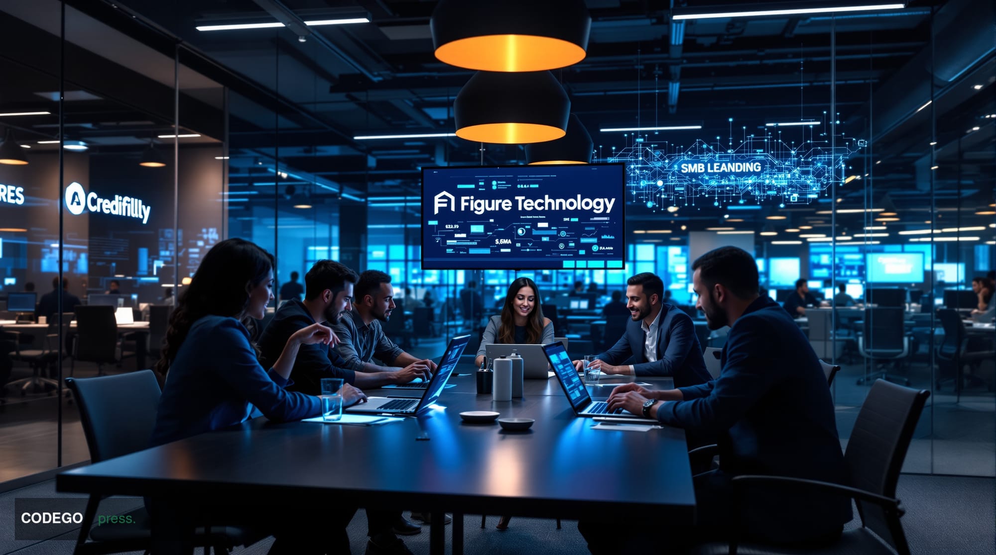 Photorealistic editorial photograph showcasing the convergence of blockchain technology and small business financing. Shot on