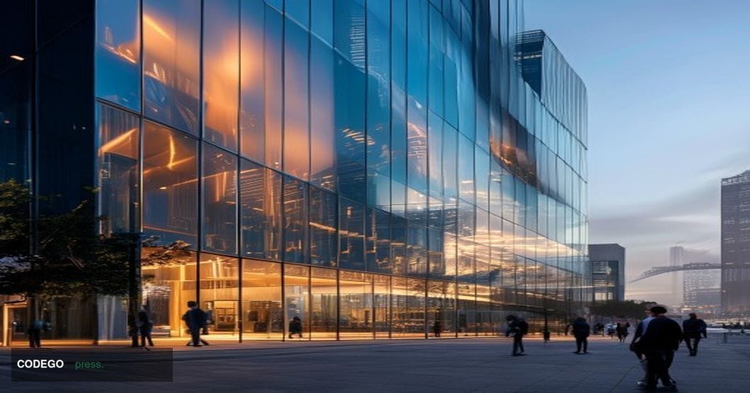A photorealistic editorial photograph capturing Figure Technology Solutions' San Francisco headquarters exterior during golde