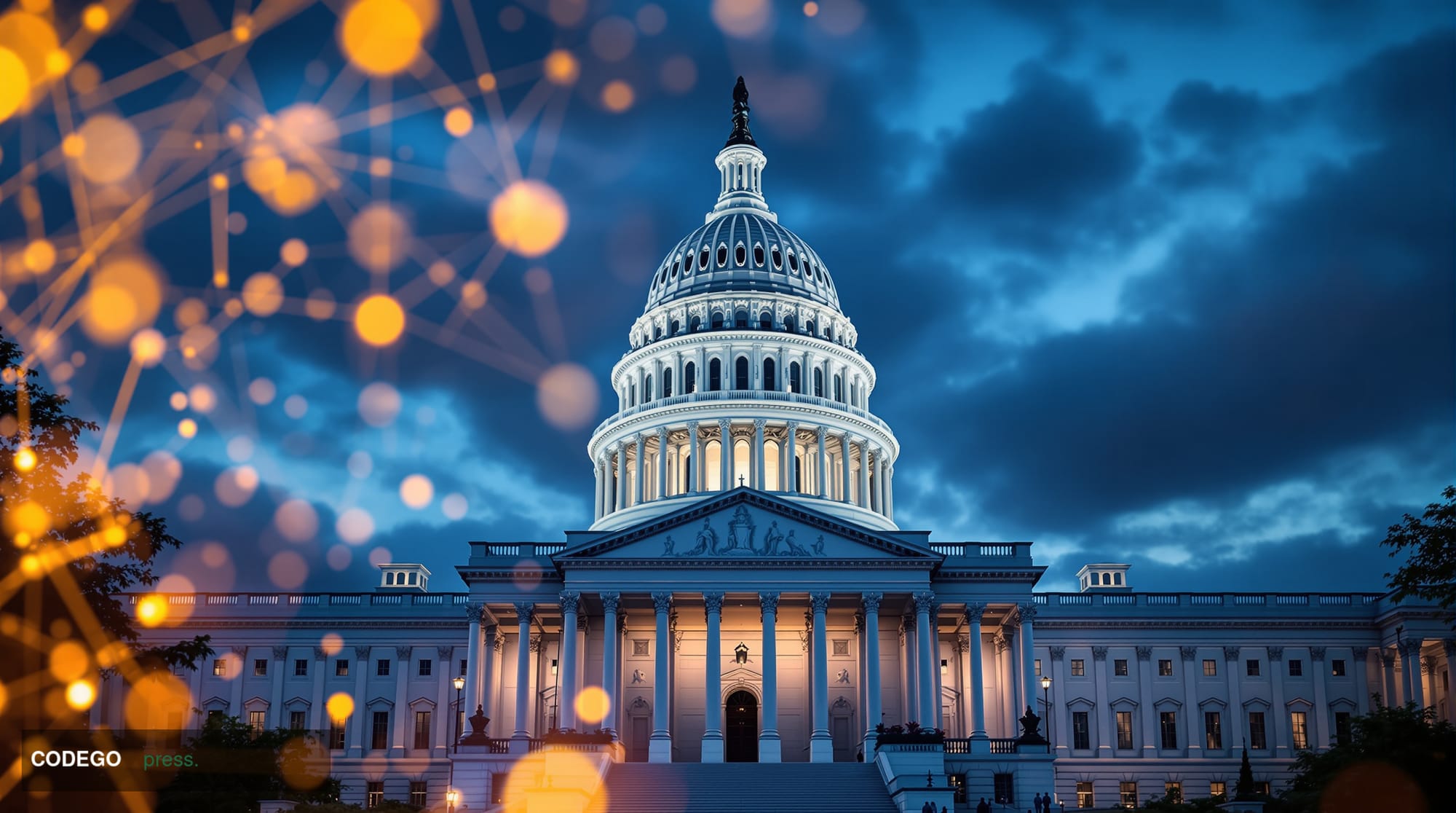 A cinematic editorial photograph showing the imposing neoclassical facade of the U.S. Capitol building in Washington D.C., sh