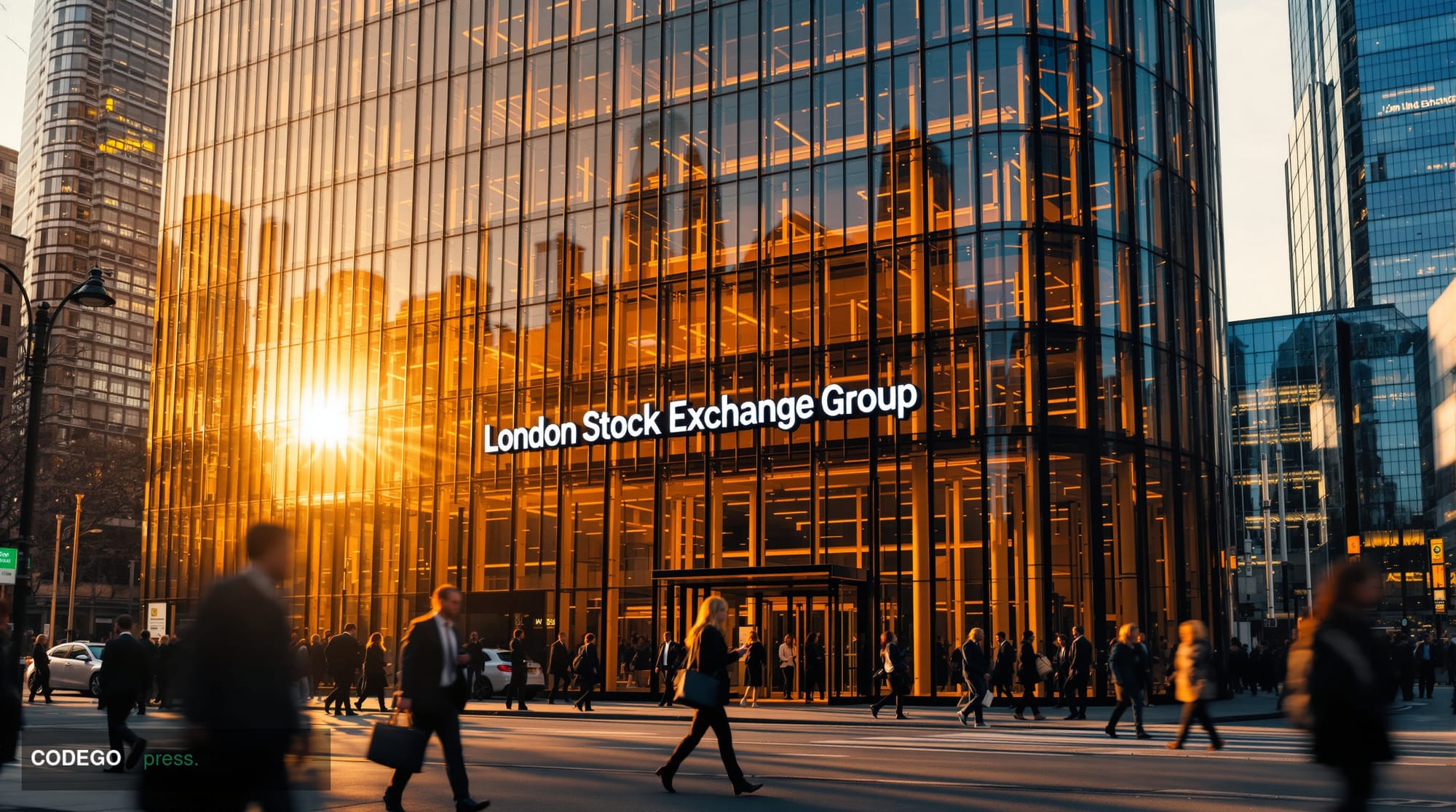 A dramatic photorealistic editorial photograph showing the imposing glass and steel facade of the London Stock Exchange Group