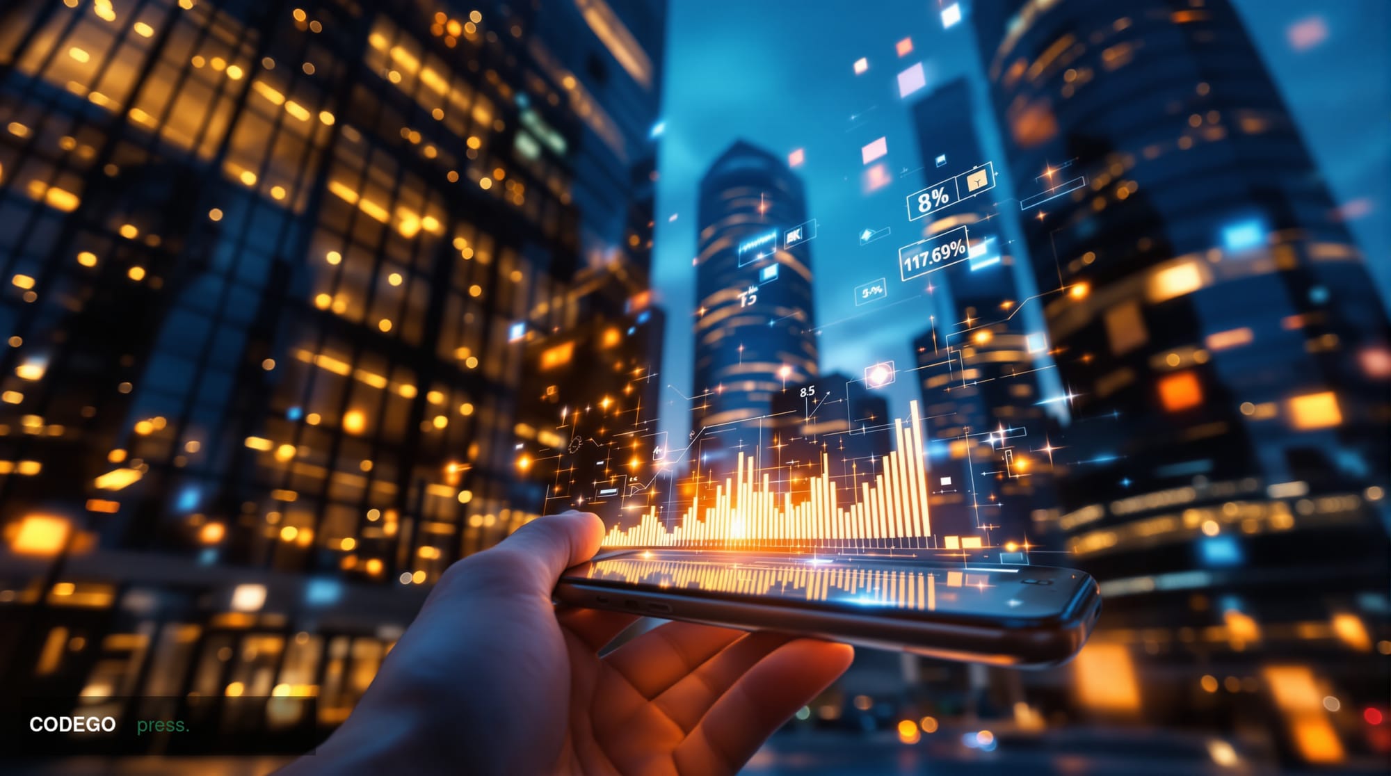 A cinematic editorial photograph capturing the intersection of traditional banking and digital innovation. The scene shows a 