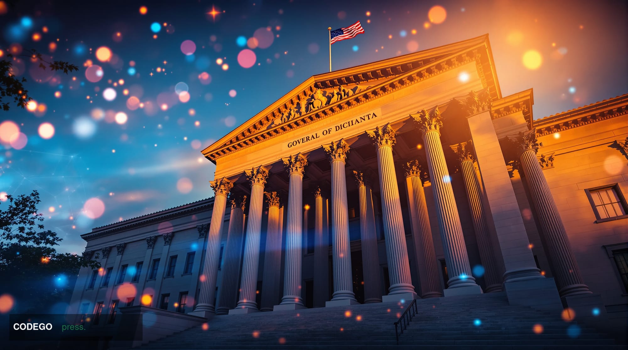 A dramatic cinematic photograph of the US Treasury Department building in Washington DC at golden hour, with the iconic neocl