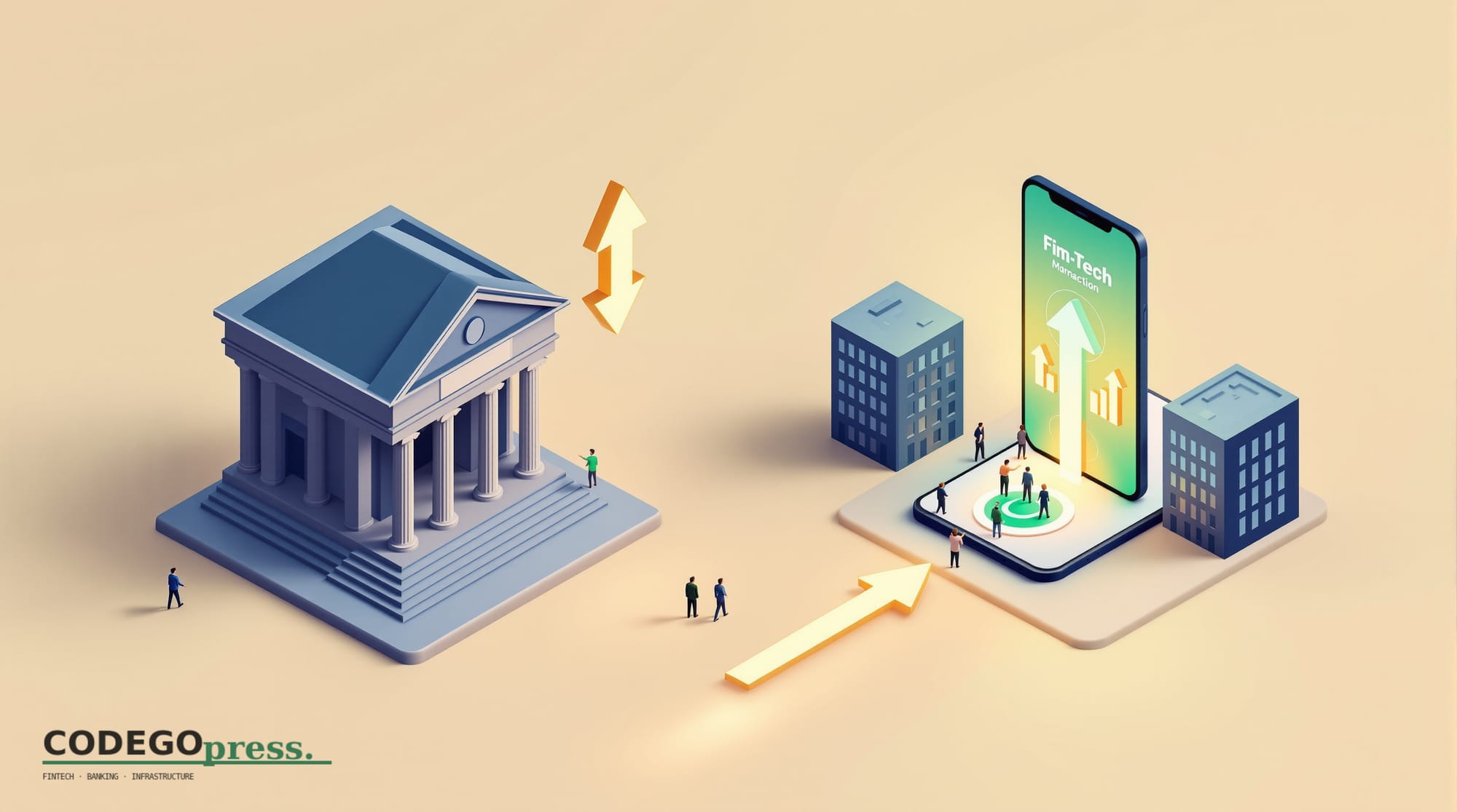 Flat 3D isometric vector editorial illustration showing a banking landscape split into two zones: on the left, a traditional 