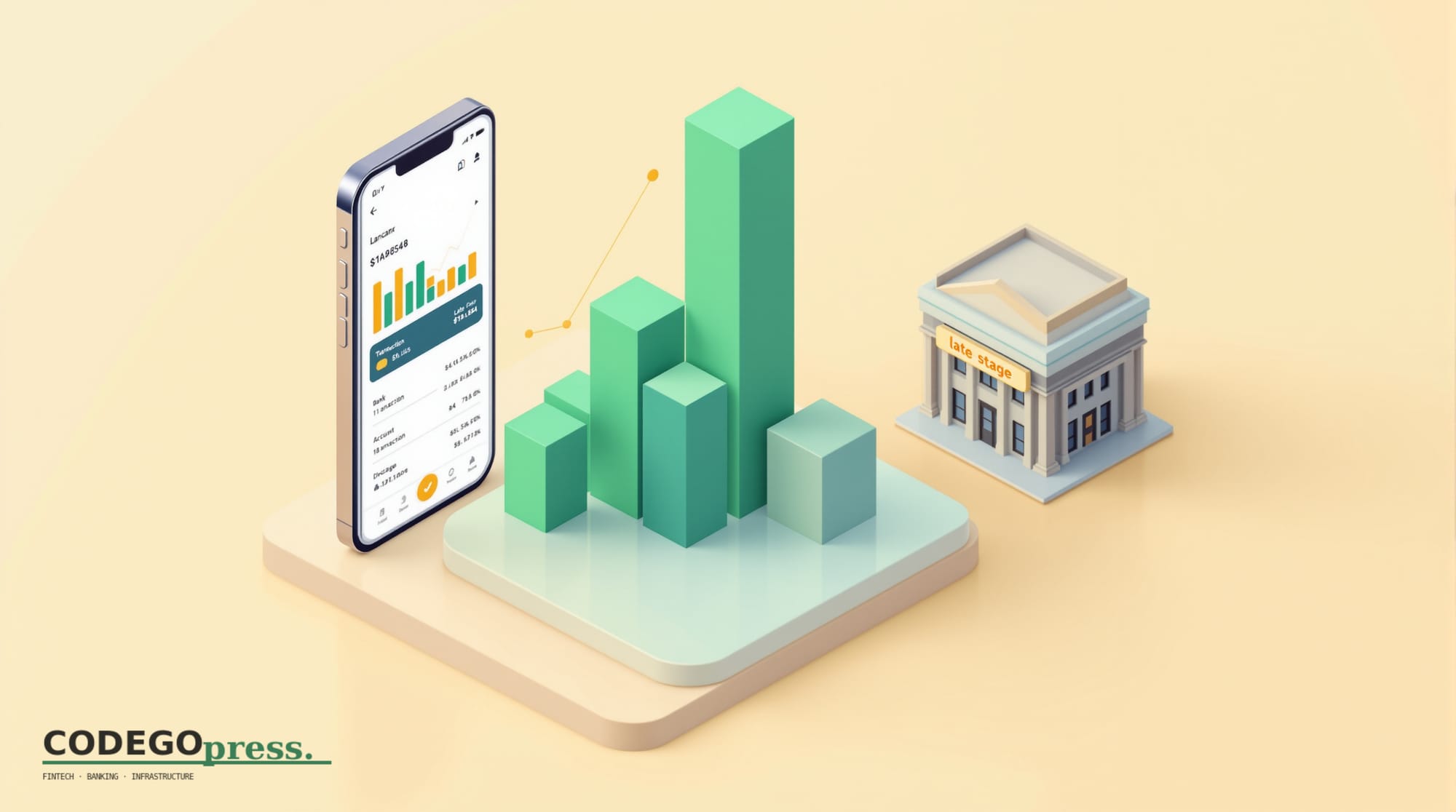Flat 3D isometric vector editorial illustration. A stylized banking app interface displayed on a smartphone in the foreground