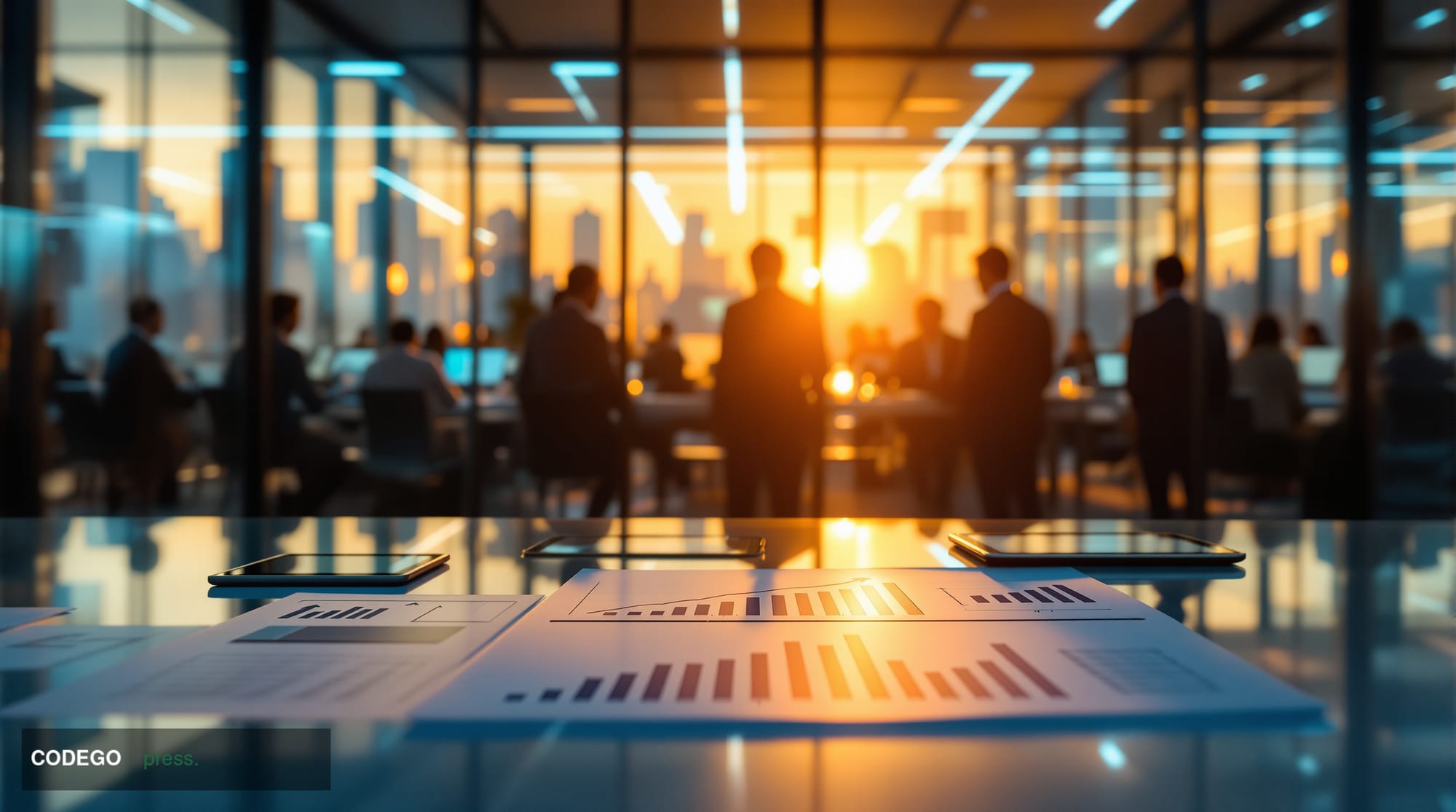 A cinematic editorial photograph of a bustling venture capital office in Silicon Valley, with glass conference rooms filled w