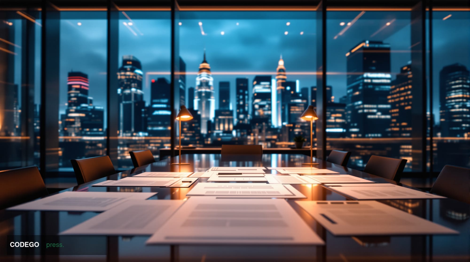 A cinematic editorial photograph showing a modern glass-walled financial technology office with multiple acquisition document