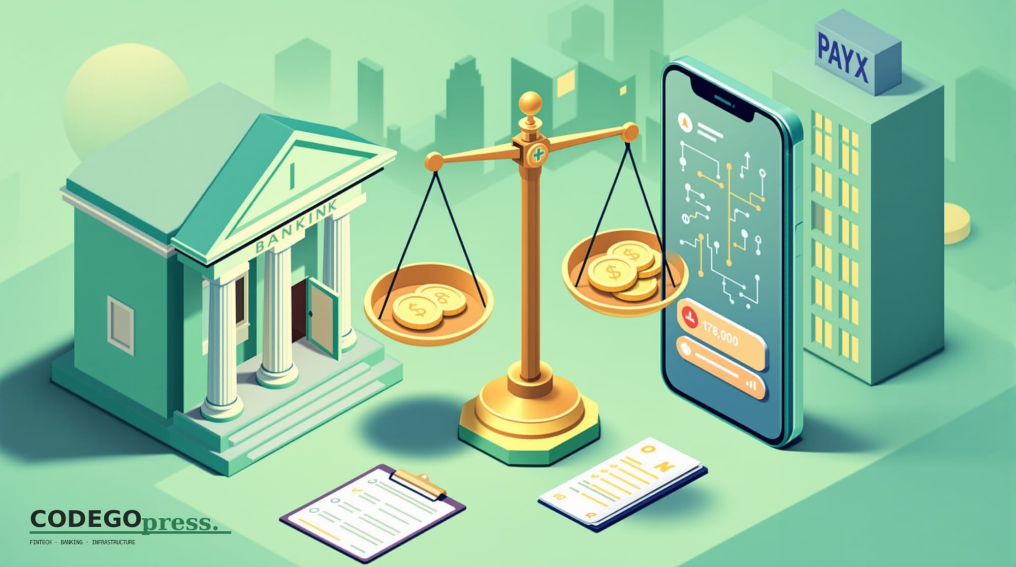 flat 3D isometric vector editorial illustration, banking-green primary (#1A6B43), cream background, gold and navy accents, so
