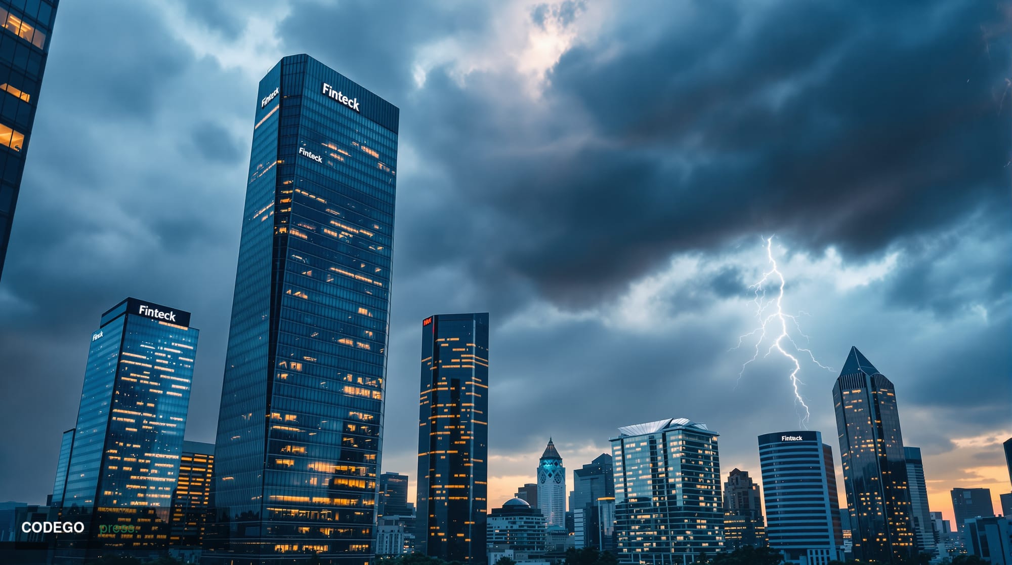A dramatic photorealistic editorial photograph showcasing the contrast between fintech resilience and software market turmoil