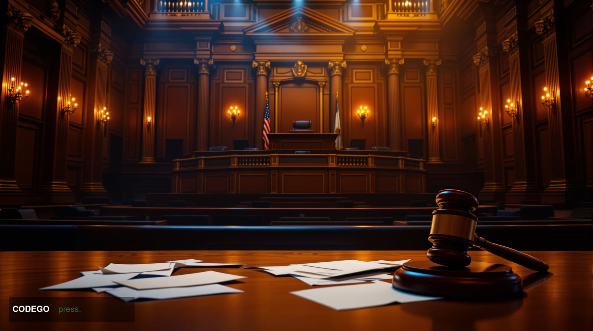 A photorealistic courtroom scene captured in dramatic chiaroscuro lighting, showing the interior of a federal courthouse with