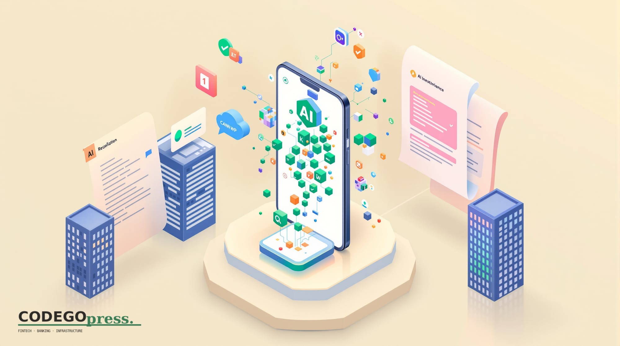 Flat 3D isometric vector editorial illustration. Center: a banking app interface on a mobile device with geometric AI nodes c