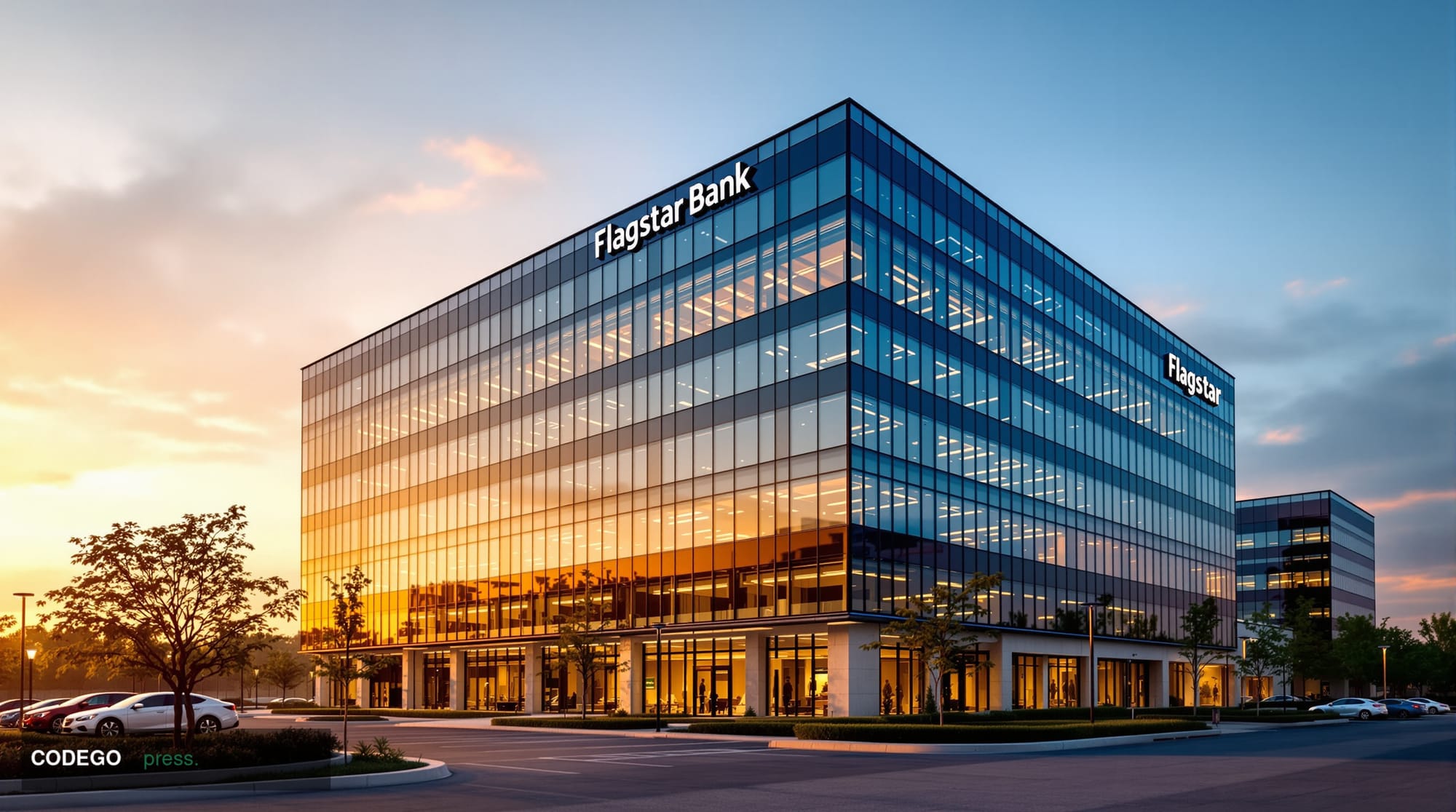 A cinematic editorial photograph of Flagstar Bank's modern corporate headquarters building in Troy, Michigan, captured during