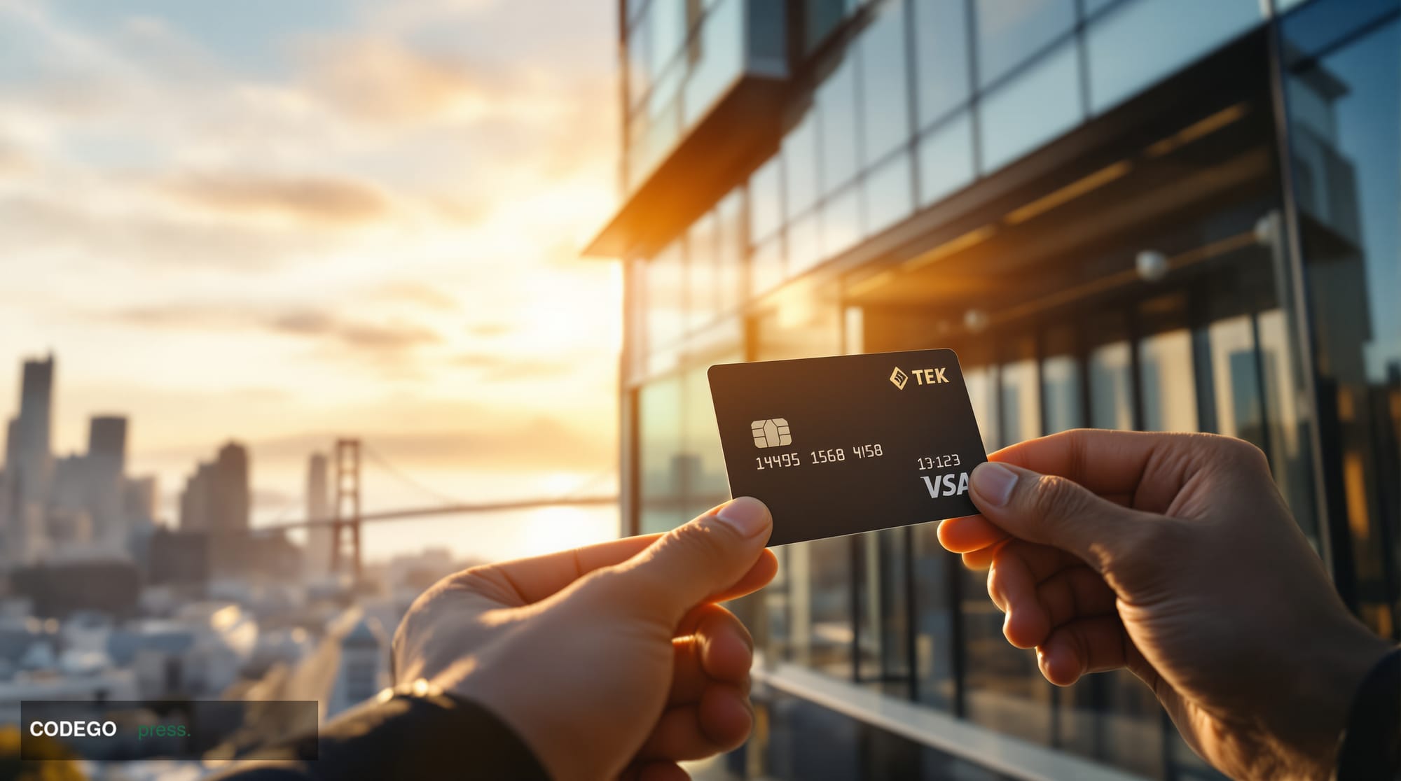 A photorealistic editorial photograph of a modern fintech office building in San Francisco's financial district, shot from a 