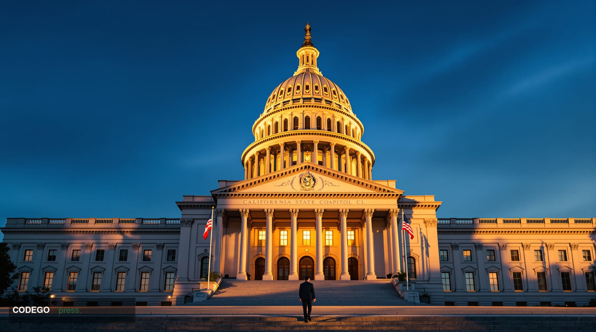 A cinematic editorial photograph of the California State Capitol building in Sacramento, captured during golden hour with dra