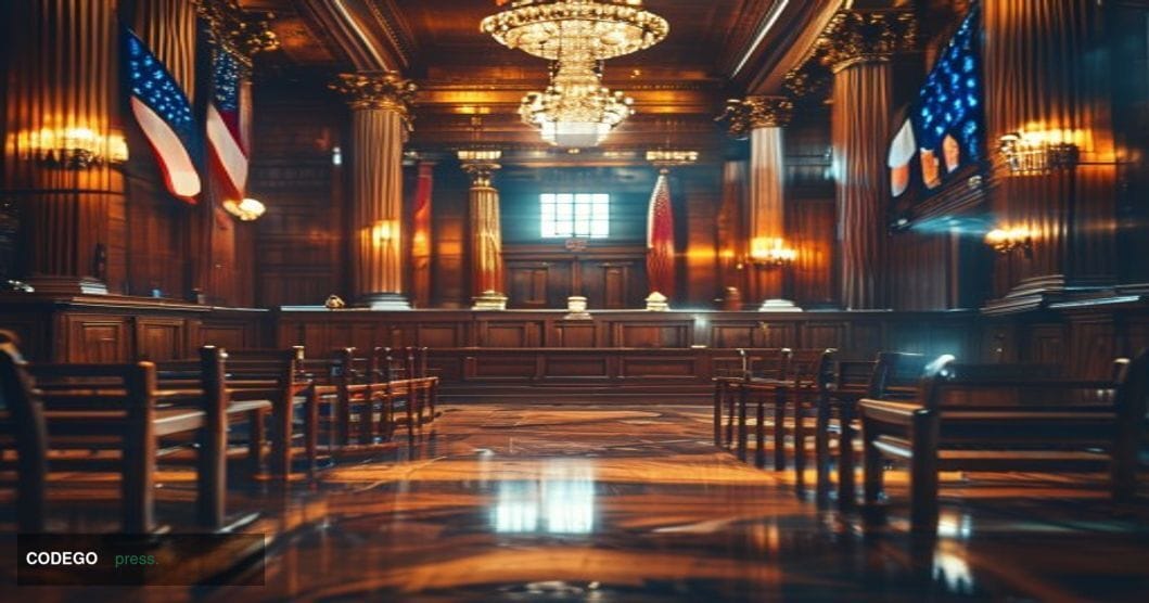 A dramatic courtroom scene captured with cinematic editorial photography, showing the imposing interior of a federal courthou