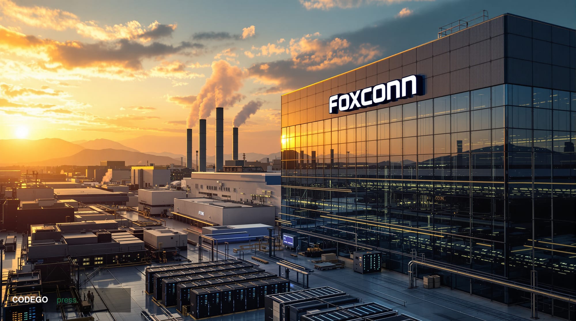 A cinematic photorealistic editorial photograph showcasing Foxconn's massive manufacturing facility in Taiwan, shot from a dr