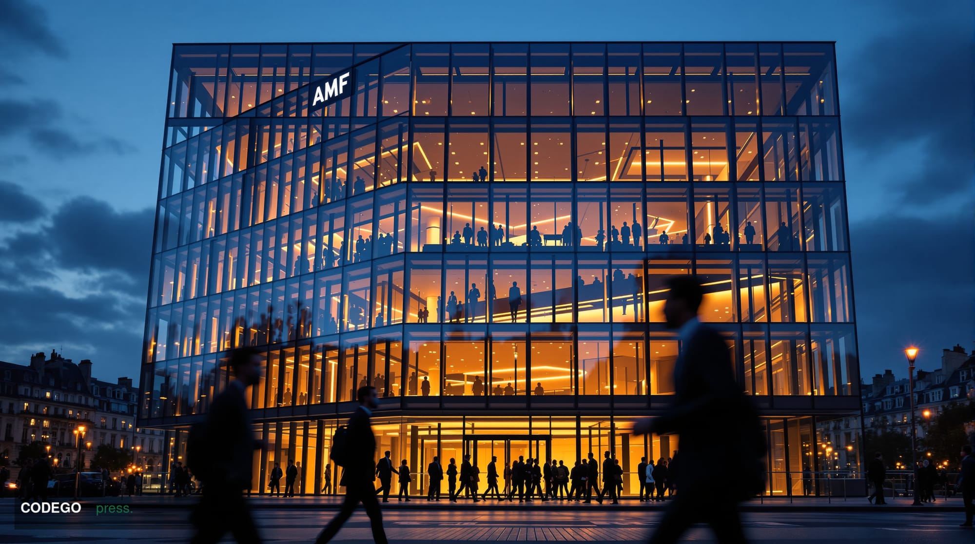 A dramatic photorealistic editorial photograph of the Autorité des marchés financiers (AMF) headquarters building in Paris, c