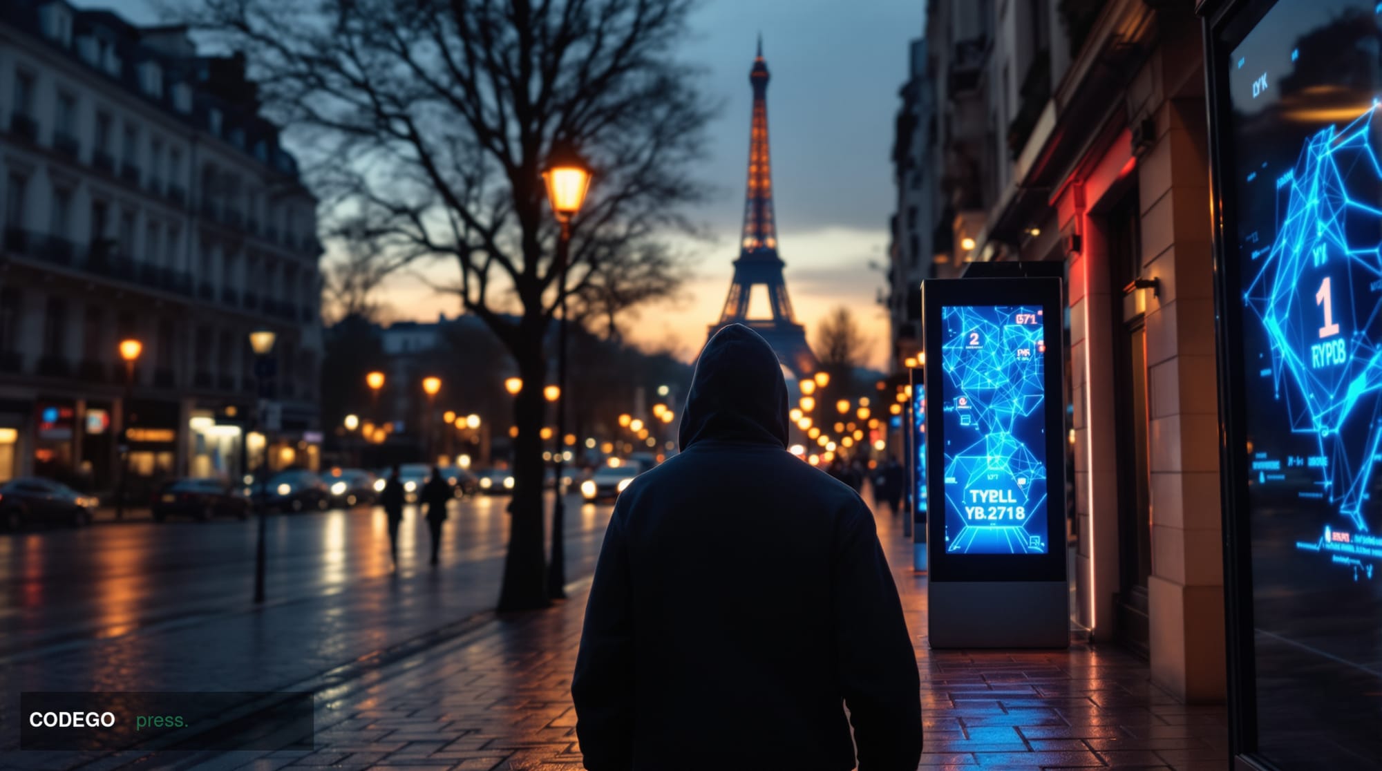 A dramatic cinematic editorial photograph capturing the intersection of French urban landscape and cryptocurrency crime. The 