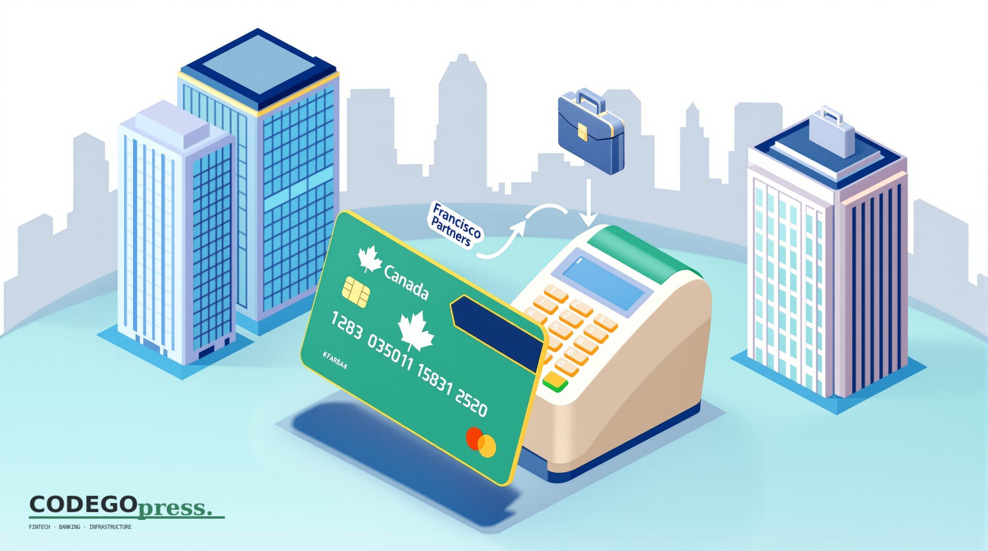 Flat 3D isometric vector editorial illustration showing: (1) A Canadian debit/credit payment card in banking-green with subtl