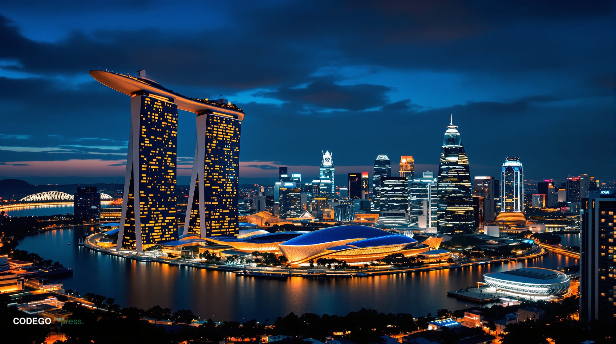 A dramatic aerial view of Singapore's Marina Bay financial district at dusk, showcasing the iconic skyline with Marina Bay Sa